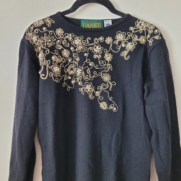 Vintage Danier Pure Virgin Wool Long Sleeve Crew Neck Sweater Black Pearl Gold - Picture 4 of 12